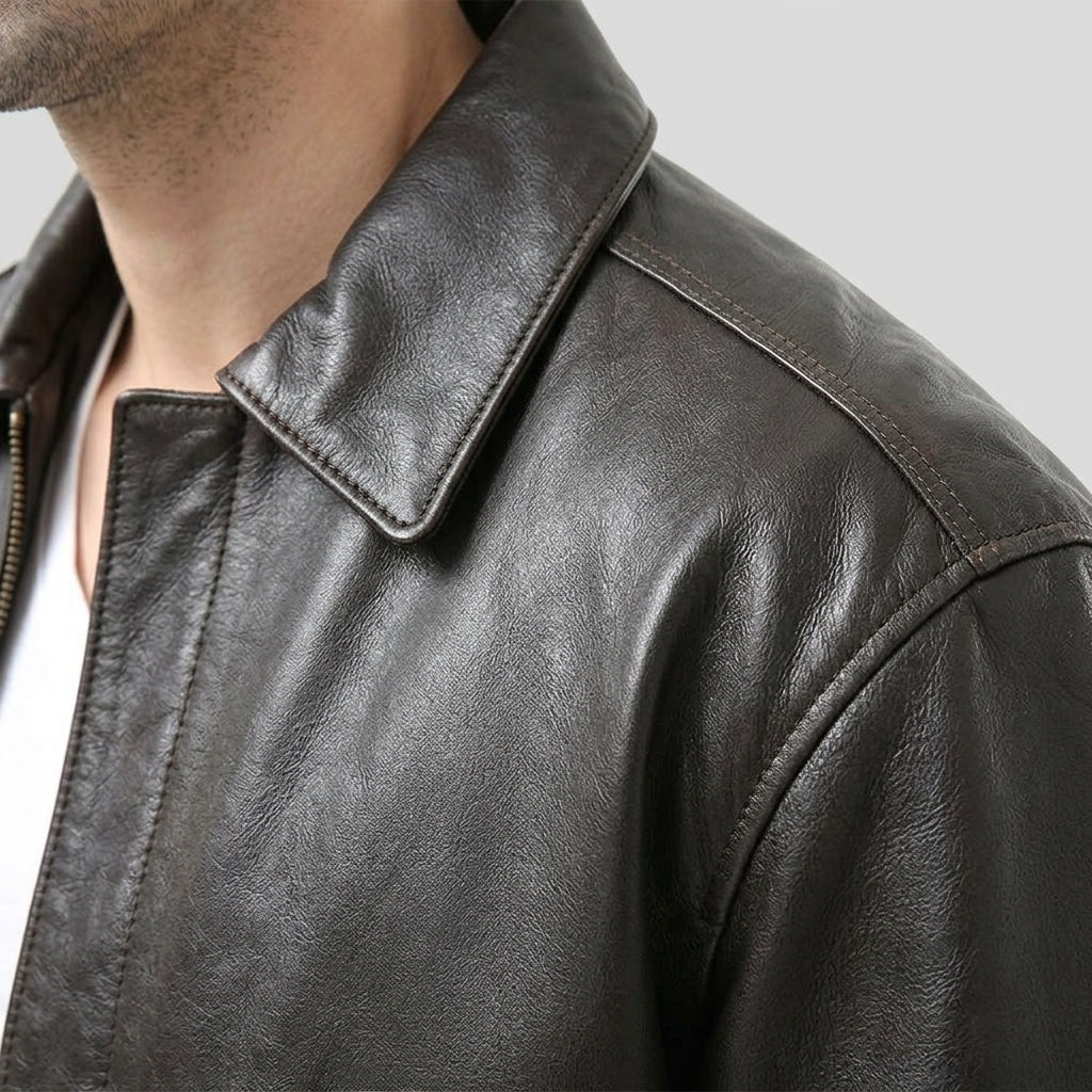 closeup view of leather bomber jacket
