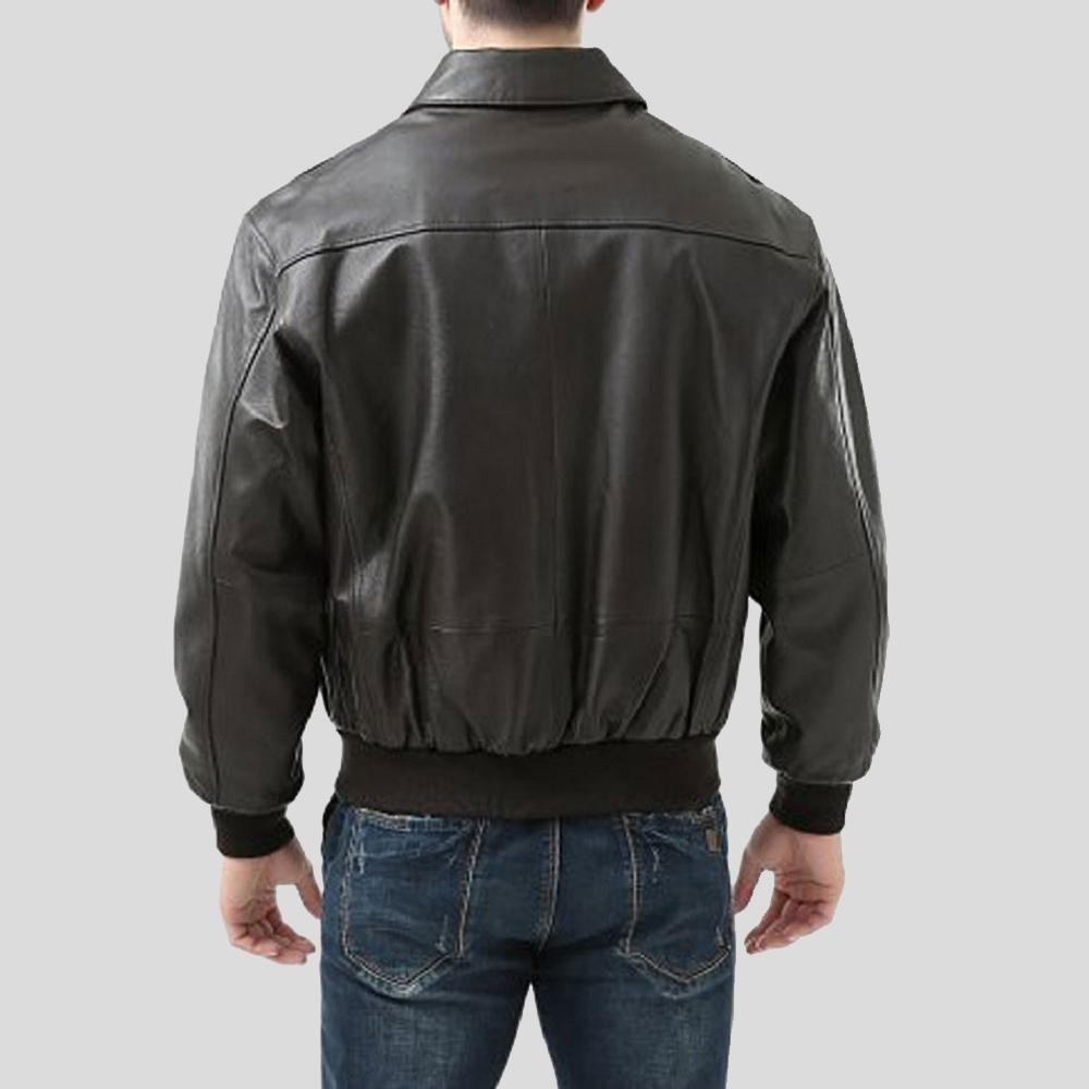 back view of leather bomber jacket