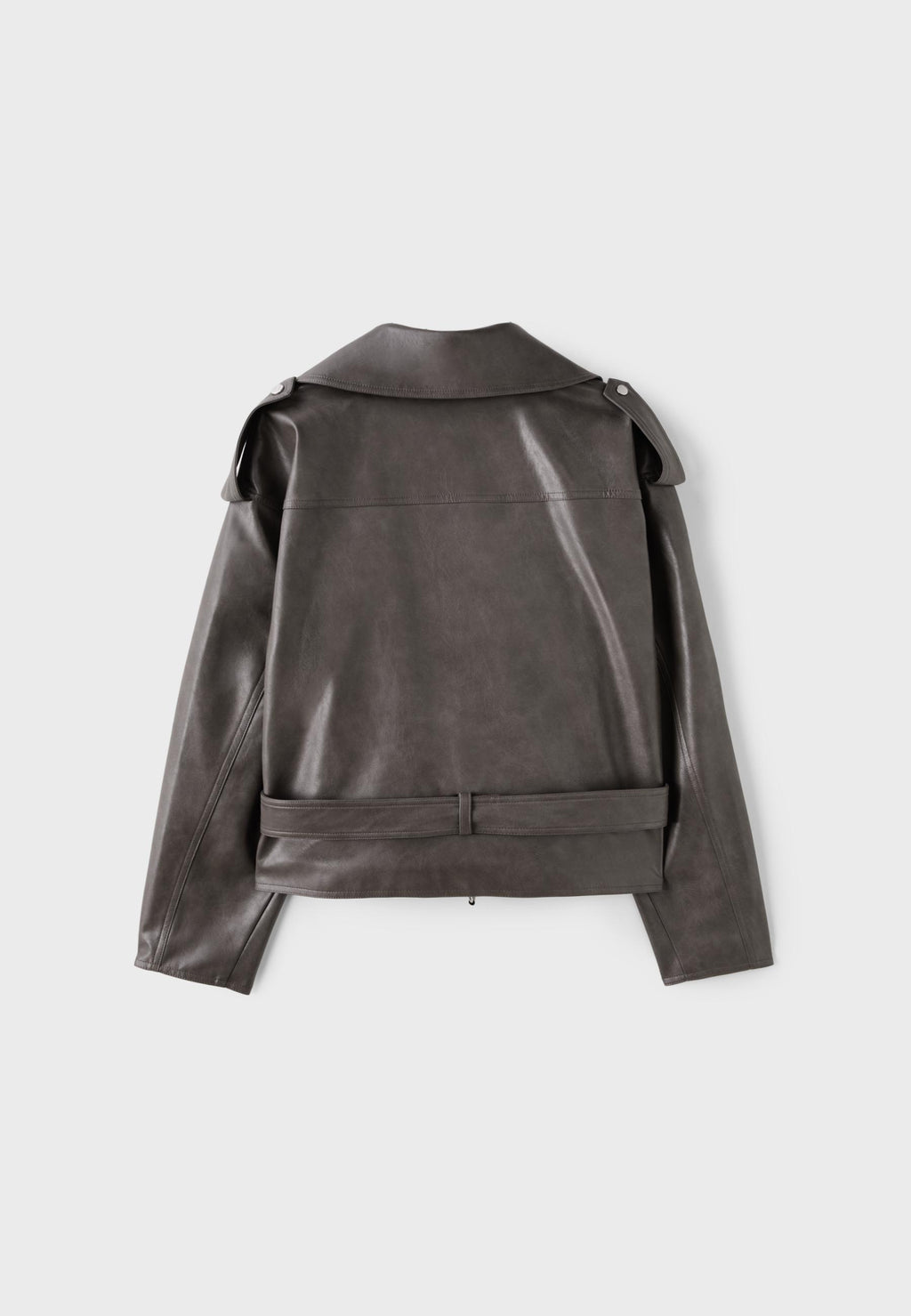 A dark gray leather jacket with shoulder epaulets and a belted waist, shown from the back on a light gray background.