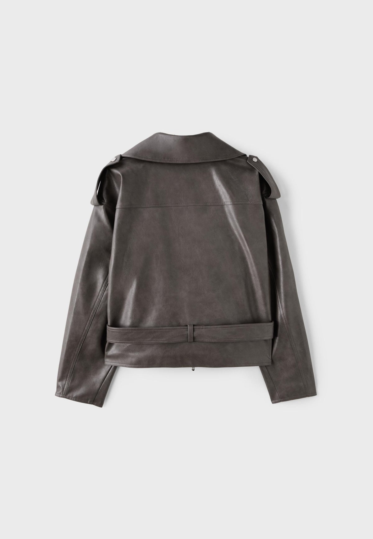 A dark gray leather jacket with shoulder epaulets and a belted waist, shown from the back on a light gray background.