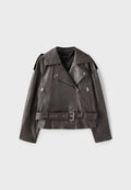 A dark brown leather moto jacket with silver hardware, featuring an asymmetrical zipper, shoulder epaulets, zippered chest pockets, and a matching belt with a silver buckle.