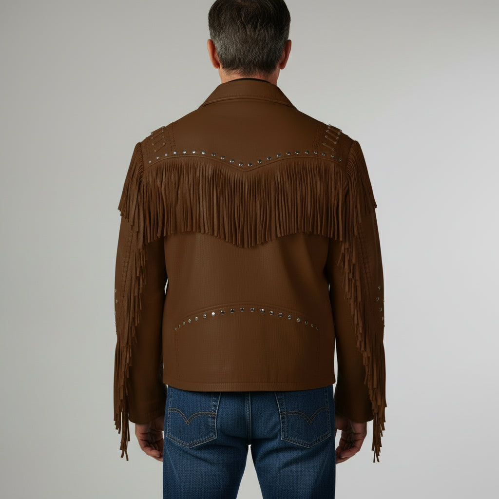 Man wearing a brown fringed jacket on a plain background