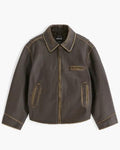 A dark brown leather jacket with tan contrast stitching, featuring a zippered front, pointed collar, and two vertical welt pockets, shown against a plain white background.