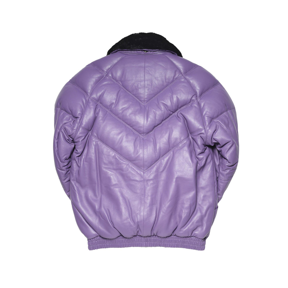 A lavender purple quilted faux-leather puffer jacket with a black fuzzy collar, shown from the back against a plain white background.