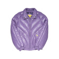 A lavender purple quilted leather jacket with a front zipper, stand collar, and ribbed cuffs and hem, shown flat on a white background.