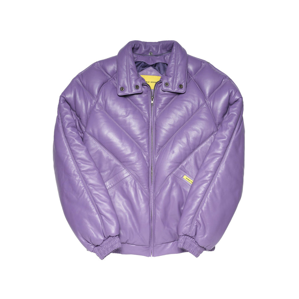A lavender purple quilted leather jacket with a front zipper, stand collar, and ribbed cuffs and hem, shown flat on a white background.