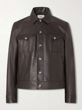 A dark brown leather jacket with a pointed collar, button-up front, and two buttoned chest flap pockets, shown against a light gray background.