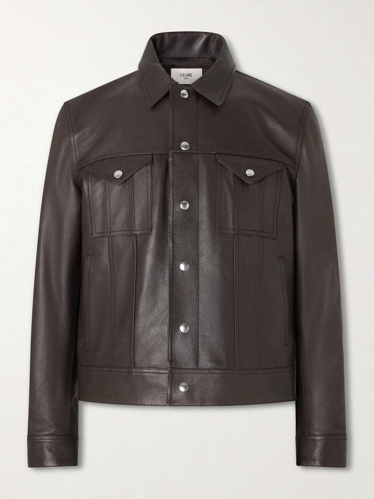 A dark brown leather jacket with a pointed collar, button-up front, and two buttoned chest flap pockets, shown against a light gray background.
