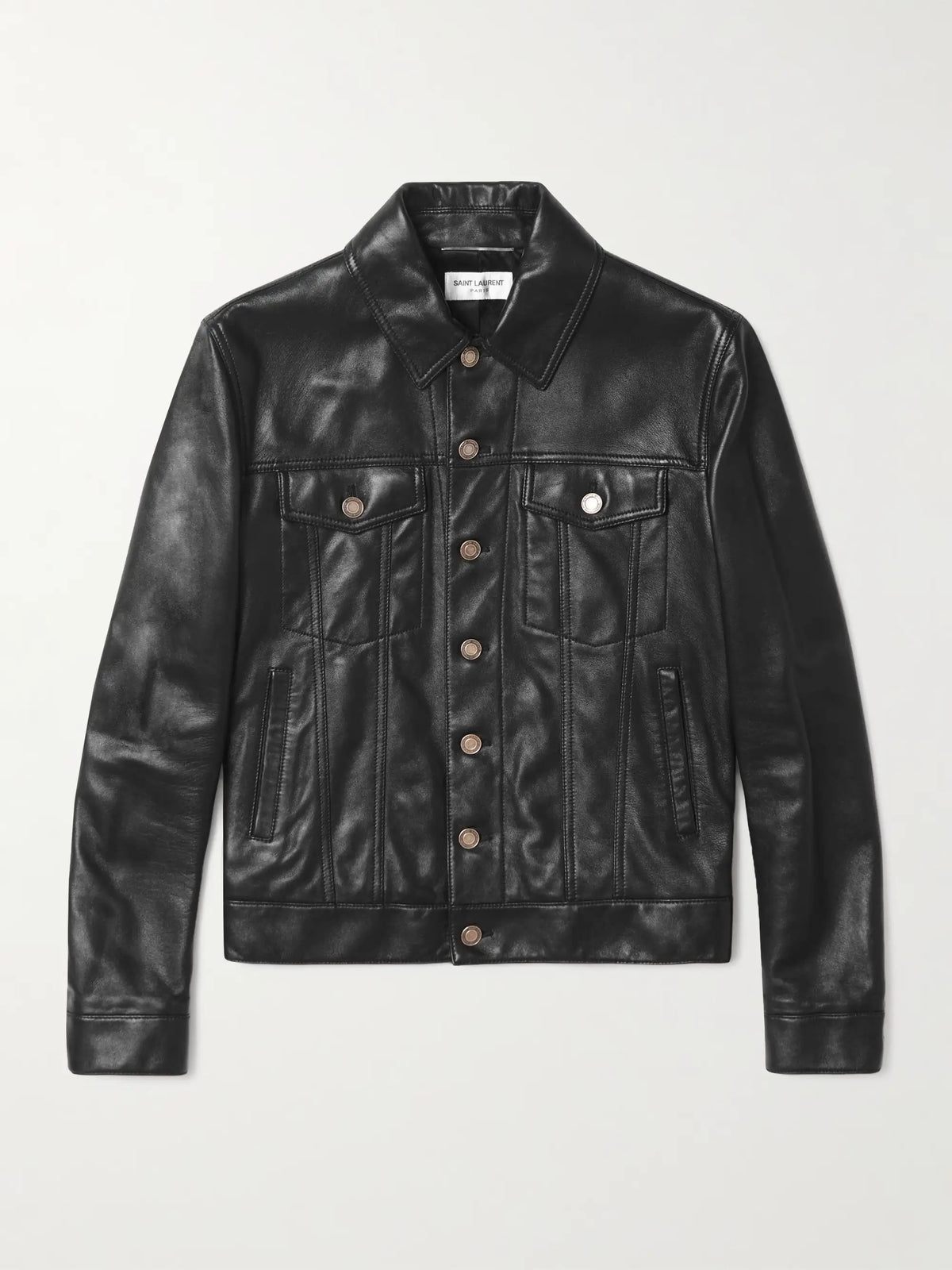 A black leather trucker jacket with a button-up front, chest flap pockets, and side pockets, displayed flat against a light gray background.