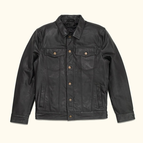 Black leather jacket with button details on a white background