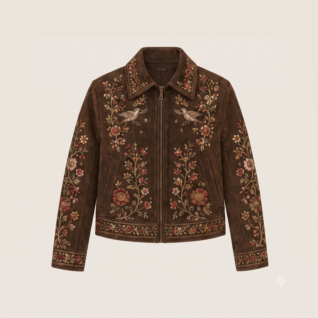 Women Embroidered Suede Leather Jacket