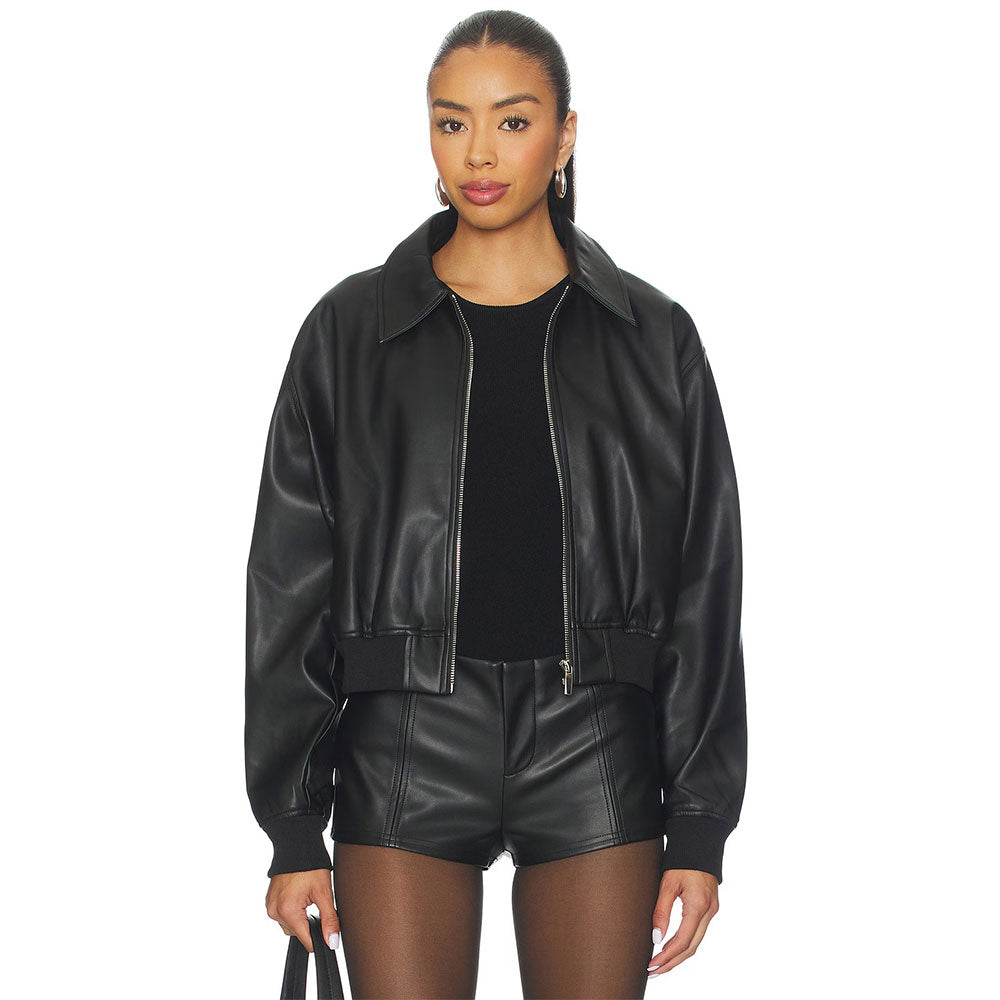 Women Black Leather Bomber Jacket - Genuine Bomber Jacket