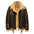 Brown leather jacket with beige shearling lining on a white background