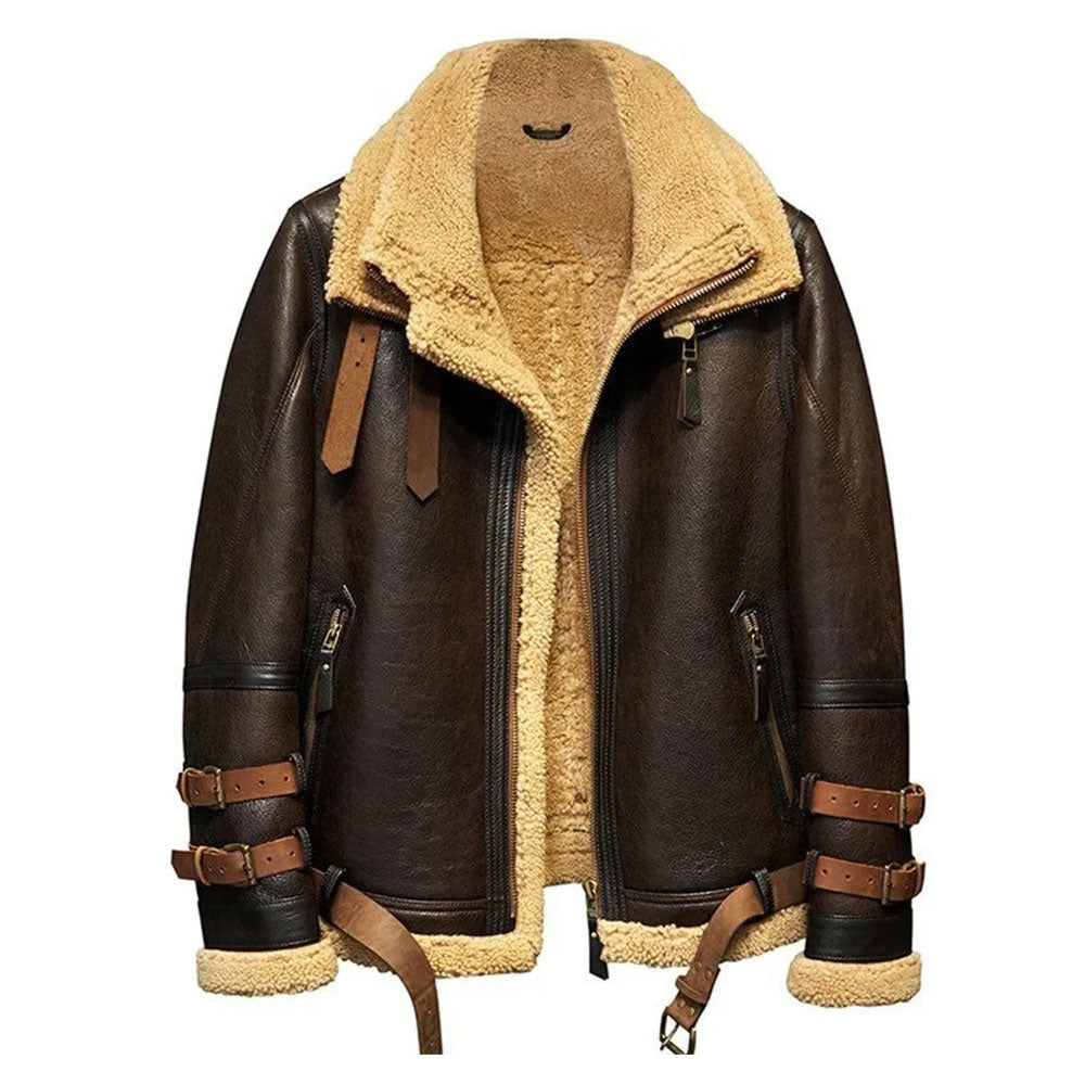 Brown leather jacket with beige shearling lining on a white background