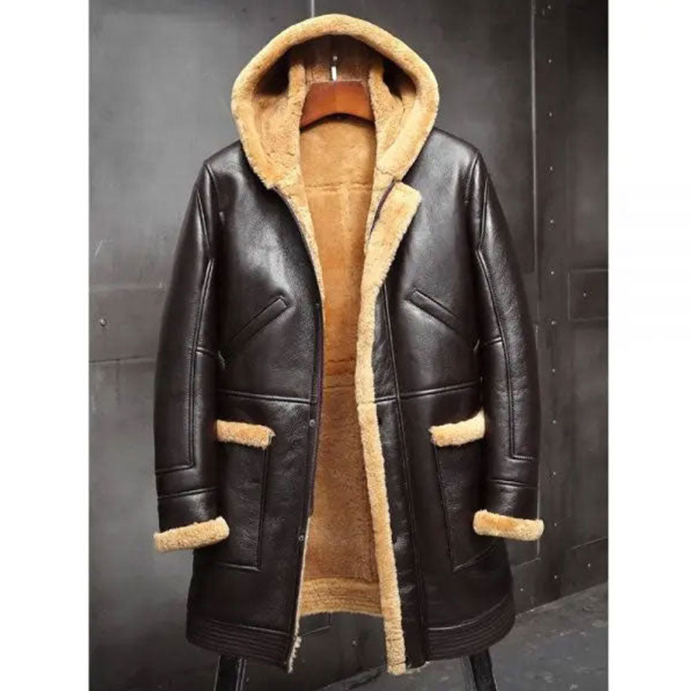 Brown leather coat with brown fur lining on a dark background