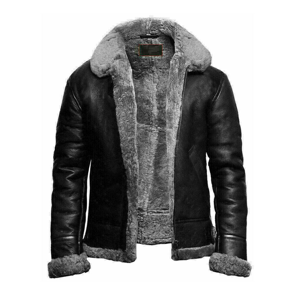 Black leather jacket with gray fur lining on a white background
