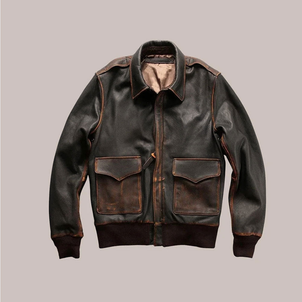 Brown Distressed Aviator Leather Bomber Jacket