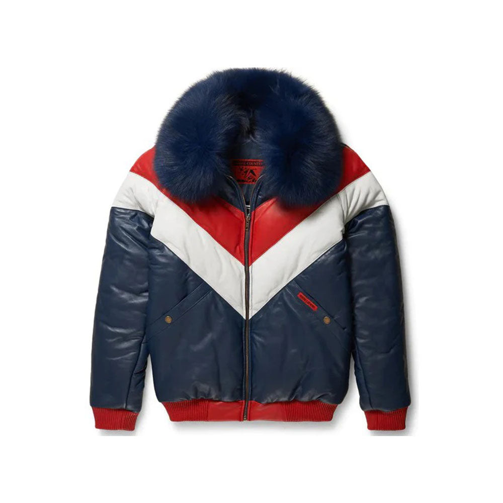 Color-blocked jacket with fur collar on a white background