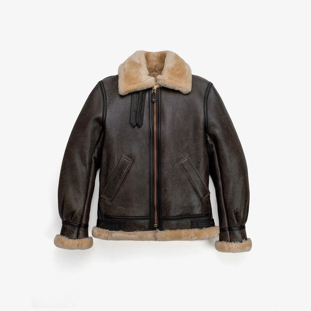 Brown leather jacket with fur collar and cuffs on a white background
