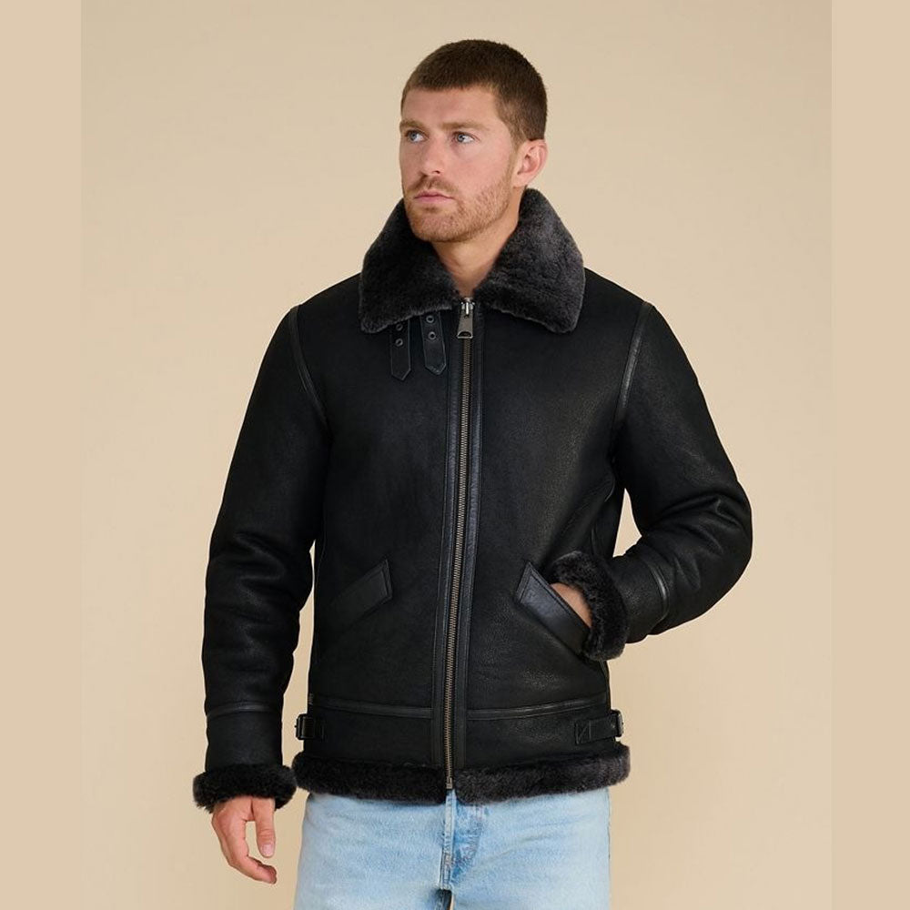 Genuine Black Suede Shearling Jacket For Men