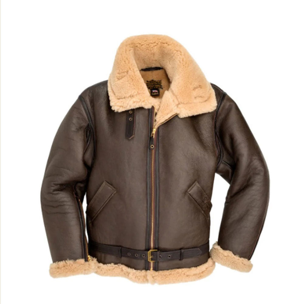 Brown leather jacket with beige fur collar and cuffs on a white background