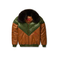 Brown and green leather jacket with fur collar on a white background