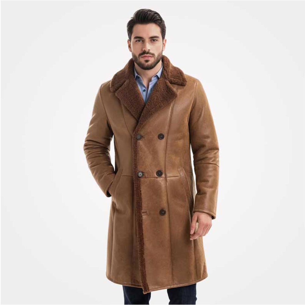 Man wearing a brown shearling coat on a white background