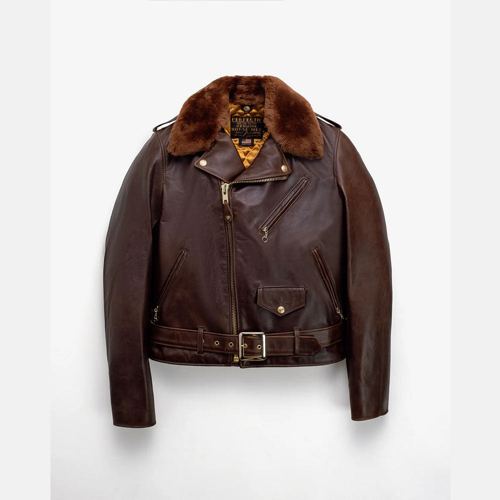Brown leather jacket with fur collar on a white background