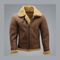 Brown leather jacket with fur collar and cuffs on a gray background