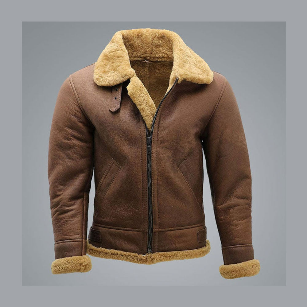 Brown leather jacket with fur collar and cuffs on a gray background