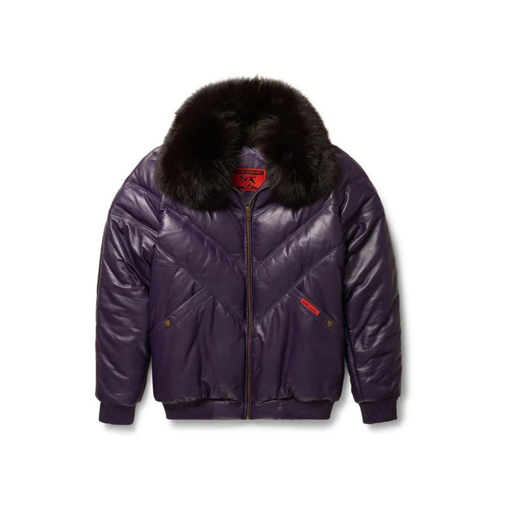 Men's Purple Goose V Bomber Jacket - Genuine Fox Fur Removable Collar