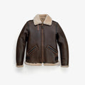 Brown leather jacket with beige fur lining on a white background