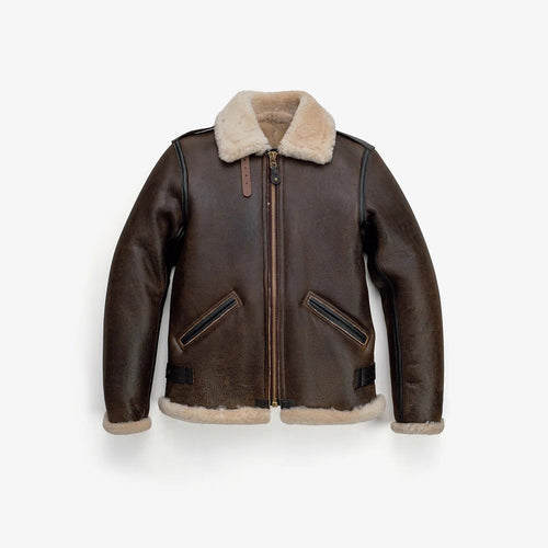 Brown leather jacket with beige fur lining on a white background
