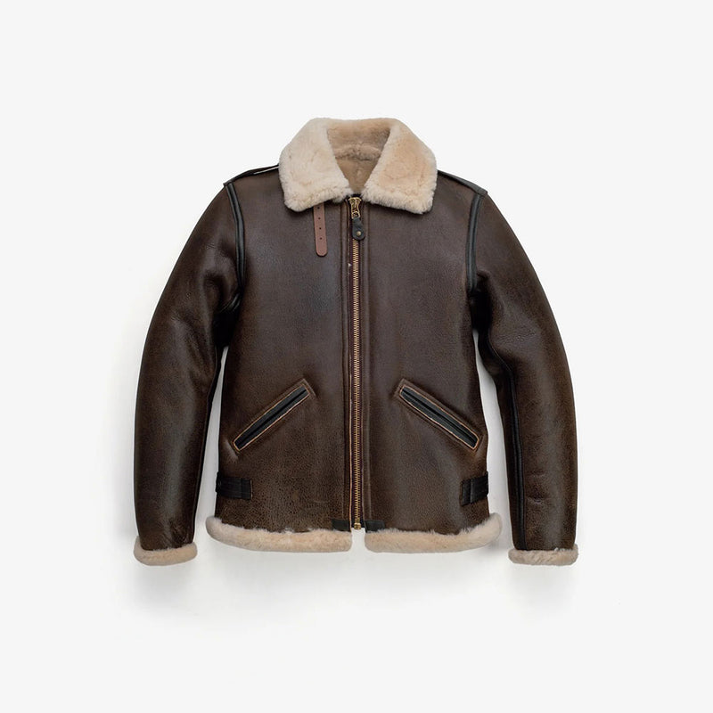 Brown leather jacket with beige fur lining on a white background