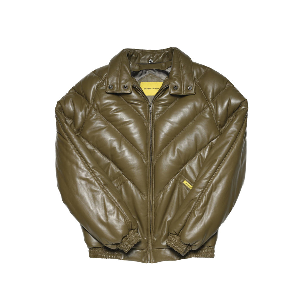 An olive green quilted puffer jacket with a zip-up front, ribbed collar, cuffs, and hem, featuring small yellow brand labels on the chest and inside the collar, shown against a plain white background.