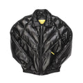 A black quilted bomber jacket with a shiny finish, featuring a full-zip front, ribbed collar, cuffs, and hem, with small yellow brand tags on the chest and inside the collar.