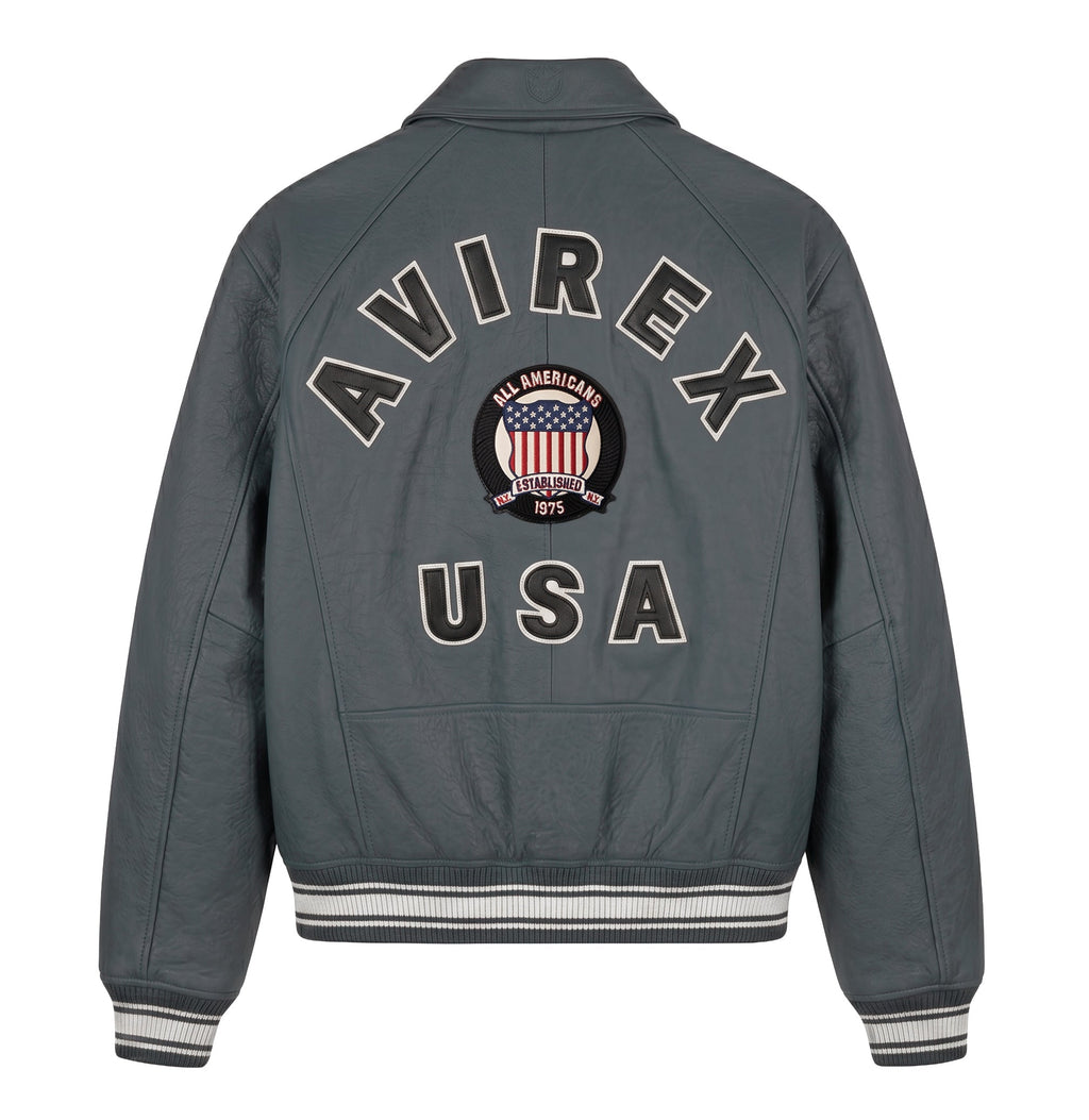 Back of grey Avirex leather jacket with logo and USA appliqué