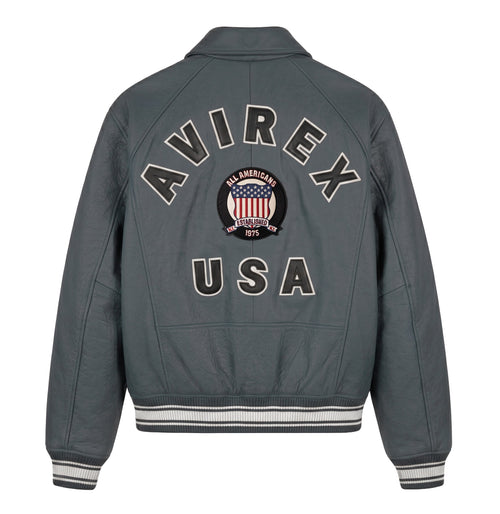 Back of grey Avirex leather jacket with logo and USA appliqué