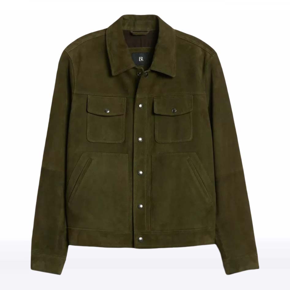 An olive green suede utility jacket with a button-up front, two chest flap pockets, and two lower hand-warmer pockets, shown against a plain white background.