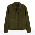 An olive green suede utility jacket with a button-up front, two chest flap pockets, and two lower hand-warmer pockets, shown against a plain white background.