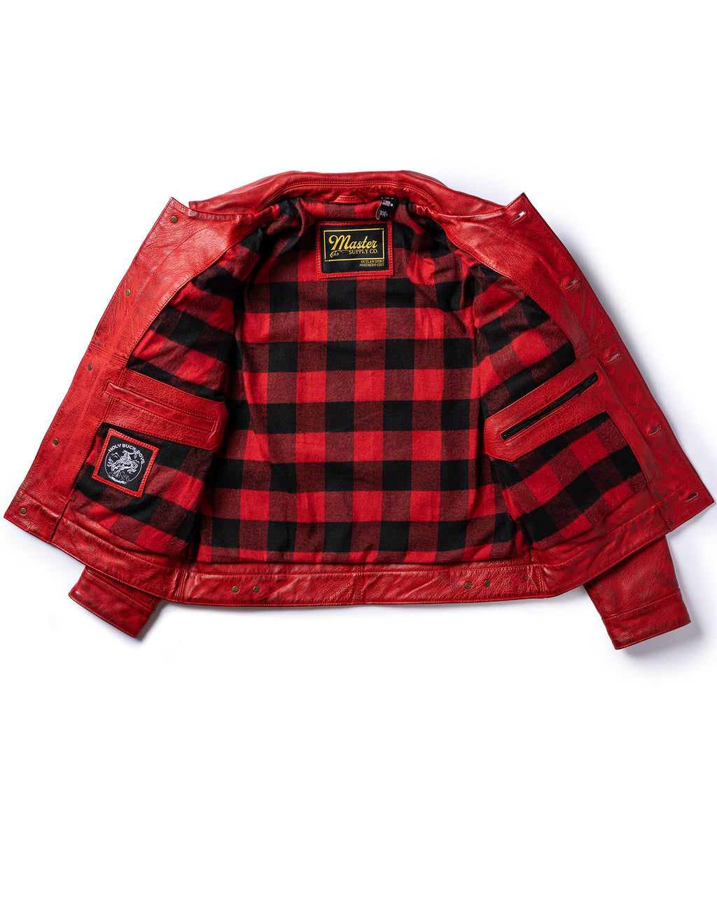 Red and black checkered jacket with a brand logo on a white background