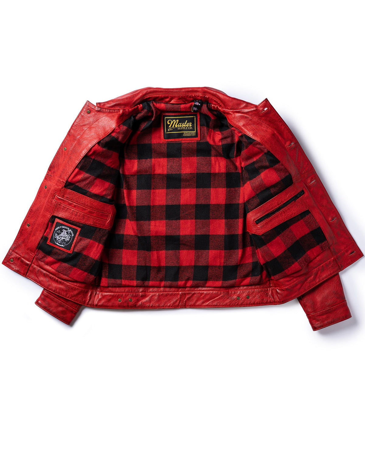 Red and black checkered jacket with a brand logo on a white background