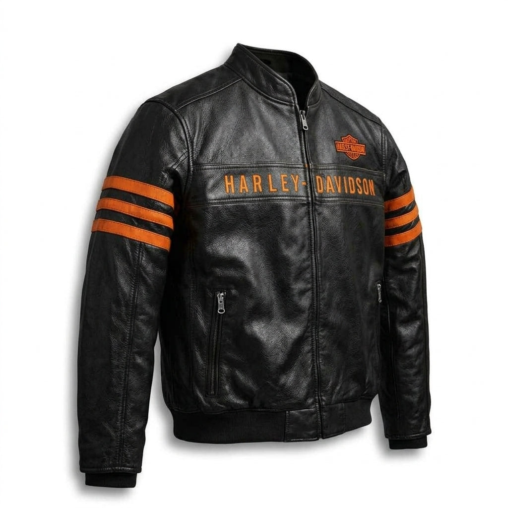 Black leather motorcycle jacket with orange stripes on the sleeves and orange Harley-Davidson branding on the chest and shoulder, shown on a white background.