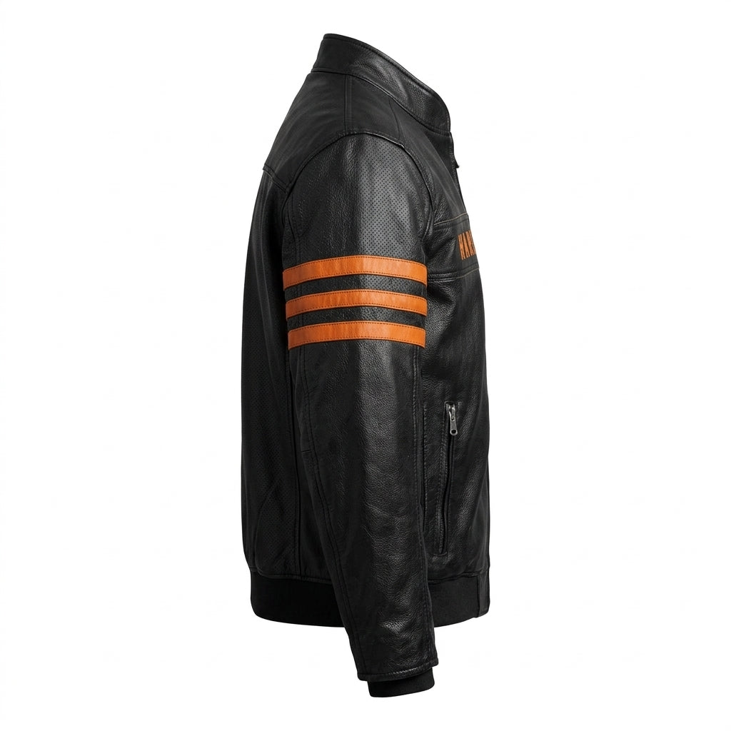A black leather motorcycle jacket shown from the side, featuring three horizontal orange stripes on the upper sleeve and a small orange logo patch on the chest.