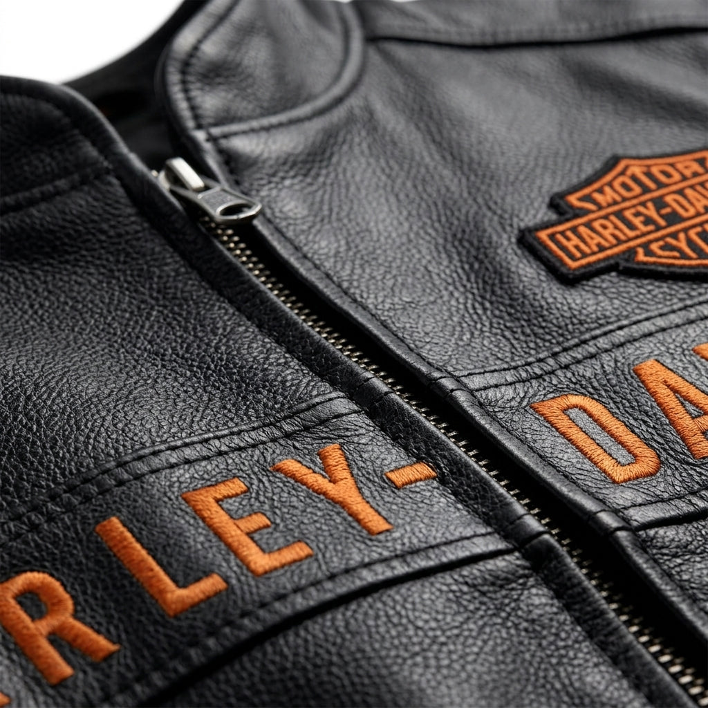 Close-up of a black leather motorcycle jacket with orange embroidered Harley-Davidson lettering and a matching orange and black bar-and-shield patch on the chest.