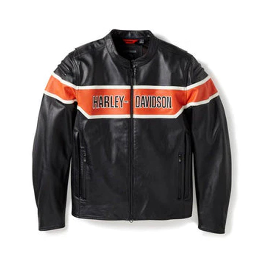 A black leather motorcycle jacket with orange and white stripes across the chest and shoulders, featuring the 'HARLEY-DAVIDSON' logo in white on the chest.