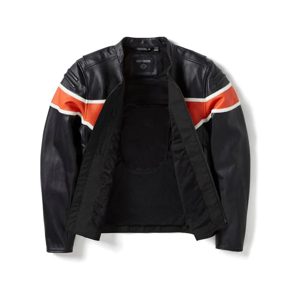 A black leather motorcycle jacket with orange and white stripe accents on the shoulders, displayed open against a white background.