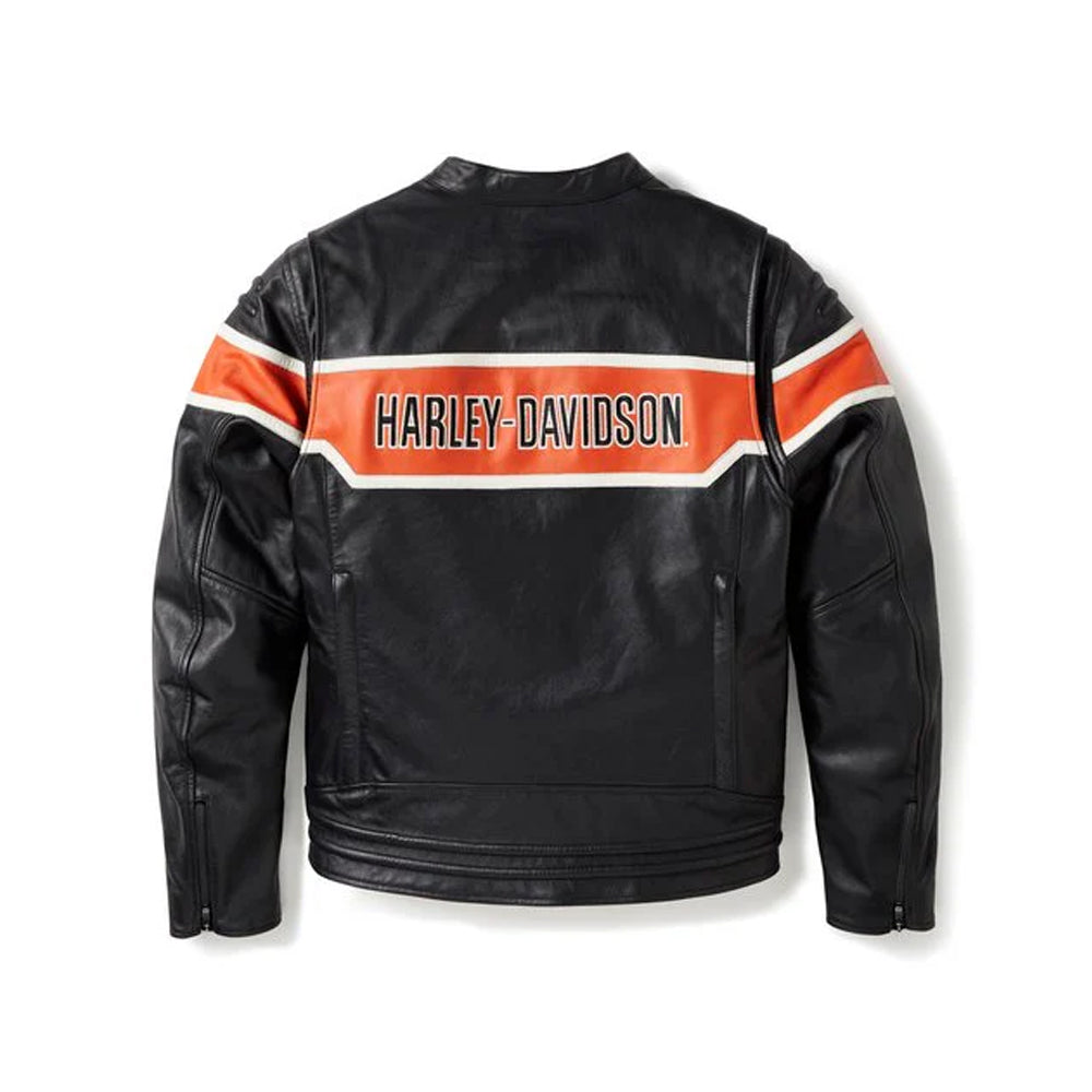 Black leather motorcycle jacket shown from the back, featuring a bold orange and white stripe across the upper back with 'HARLEY-DAVIDSON' printed in black letters.