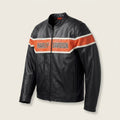A black leather motorcycle jacket with a prominent orange and white chest stripe featuring the Harley-Davidson logo, shown against a light beige background.