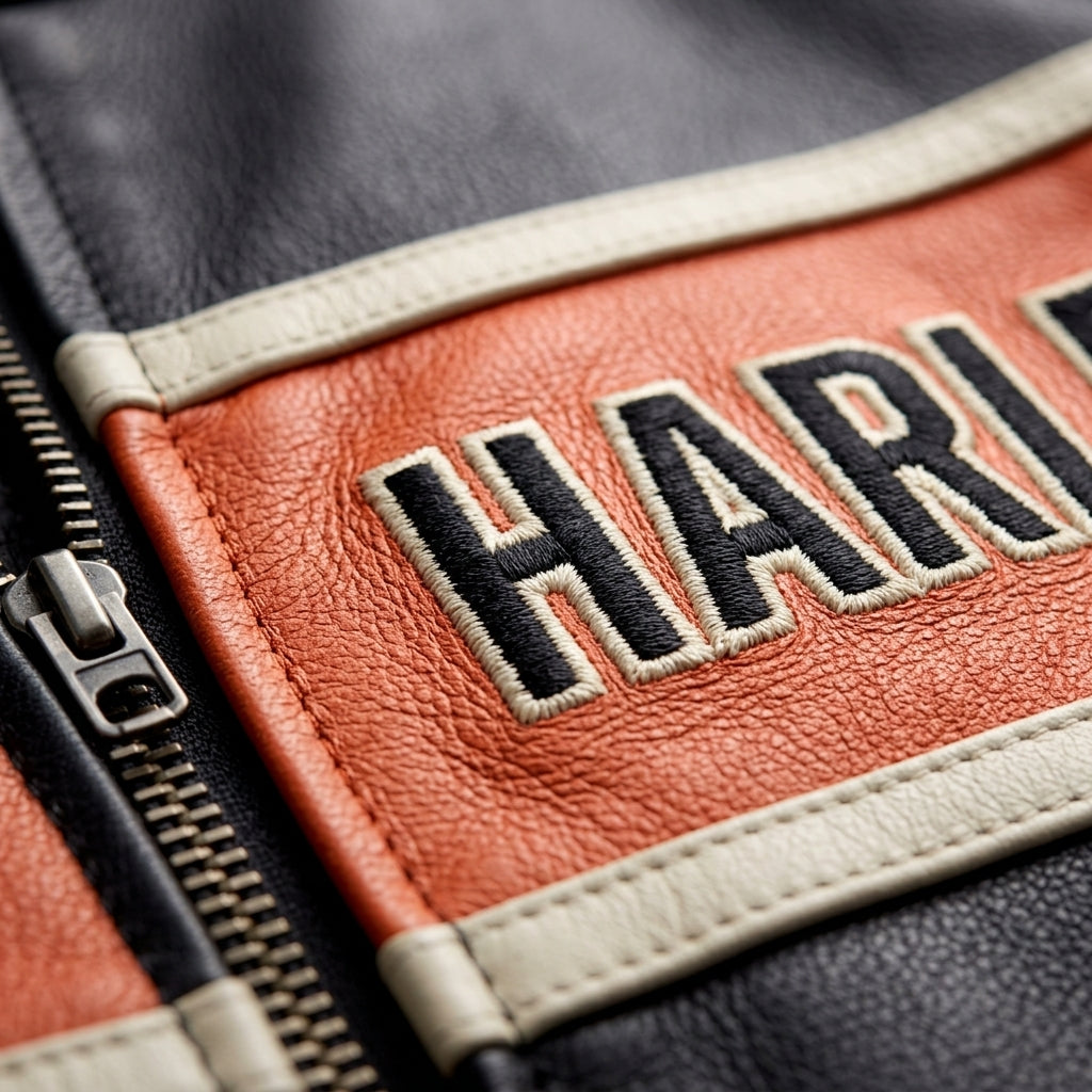 Close-up of a leather jacket featuring a rust-orange panel with black and off-white embroidered lettering that reads 'HARL', alongside black leather sections and a zipper.